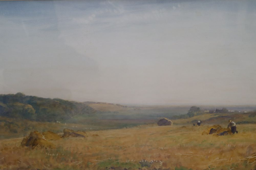 Robert Thorne Waite (1842-1935), watercolour, Harvesters in a Sussex landscape, 33 x 50cm